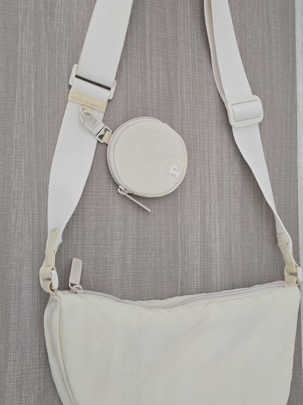 PINK Victoria's Secret Cream Nylon Crescent Crossbody Sling Bag + Pouch